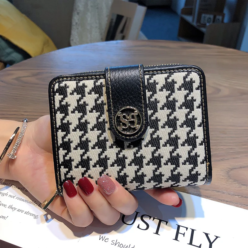 

In 2 1 Original Brand Short Women Wallets Genuine Leather Card Holder Houndstooth Embroidery Coin Purse Hasp Cowhide Billfold