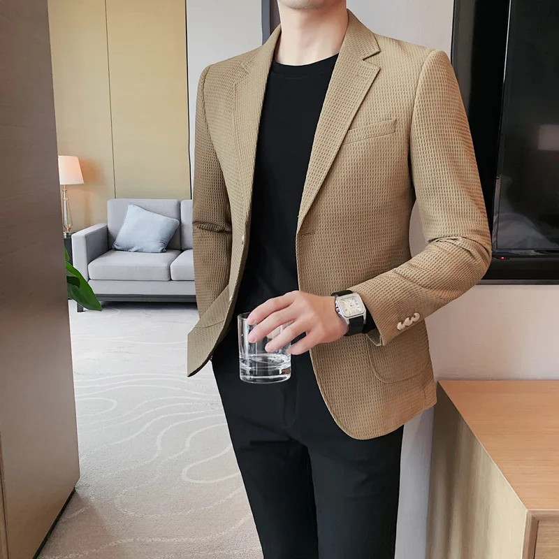 High Quality Waffle Blazers Men Solid Color Casual Suit Jacket Male Business Social Dress Coat Wedding Streetwear Costume Homme