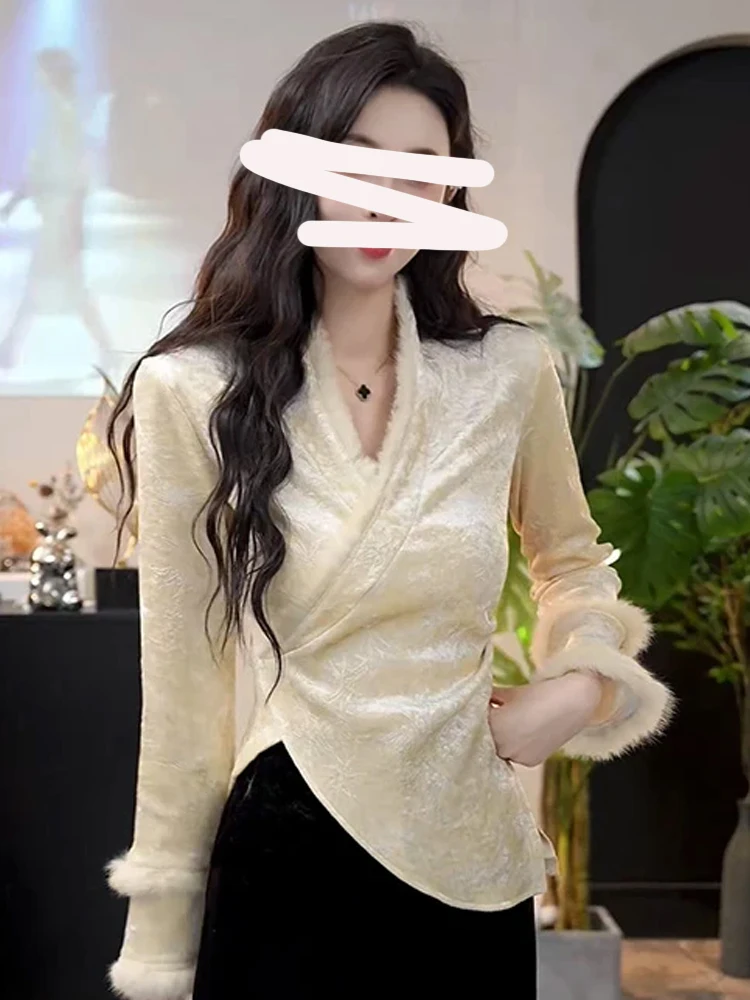 Новые китайские бархатные утолщенные рубашки на флисовой подкладке женские