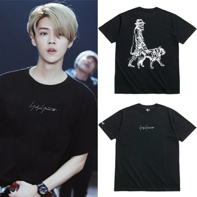 

Yohji Yamamoto Sketch Signature Dog Walking Japanese Style Mens and Womens Casual Shortsleeve T-Shirt