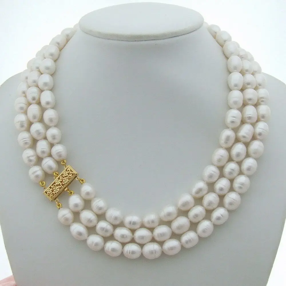 

17-19"3 Strands 8-9mm White Rice Pearl Necklace