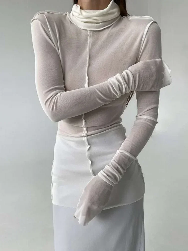 Camisetas Уличная одежда Тонкие футболки для женщин Прозрачный топ Y2k Белый с