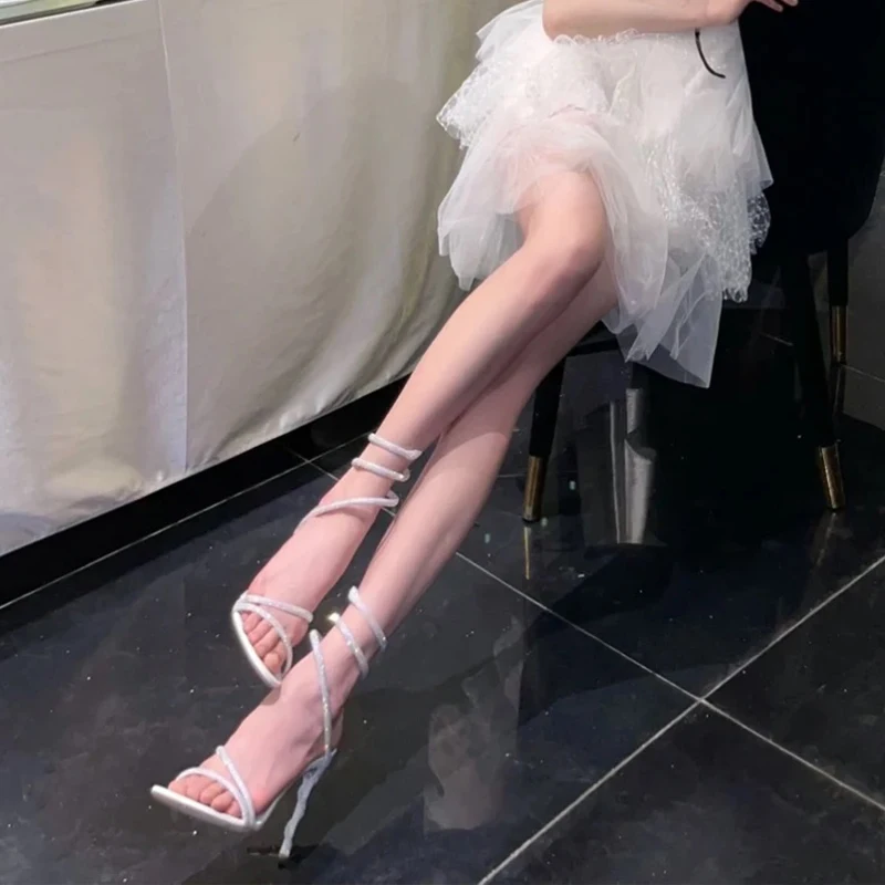 2023 New Style~Celebrity Diamond Ribbon Snake Shaped Fashion High Heel Thin Heel Round Toe Open Toe Women's Sandals