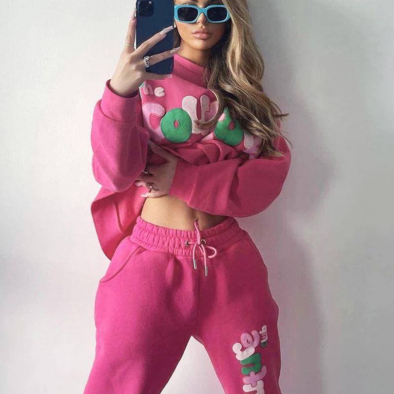 

Autumn Fashion Casual Street O-Neck Sweatshirt + Elastic Waist Drawstring Sweatpants Suits Women Cute Letter Printed Tracksuits