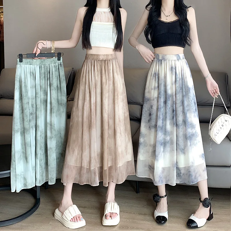 

National Style Tie-dye Ink Silk Wrinkle Printed Skirt Female 2023 Summer Vacation Style High Waist A-line Skirt Umbrella Skirt