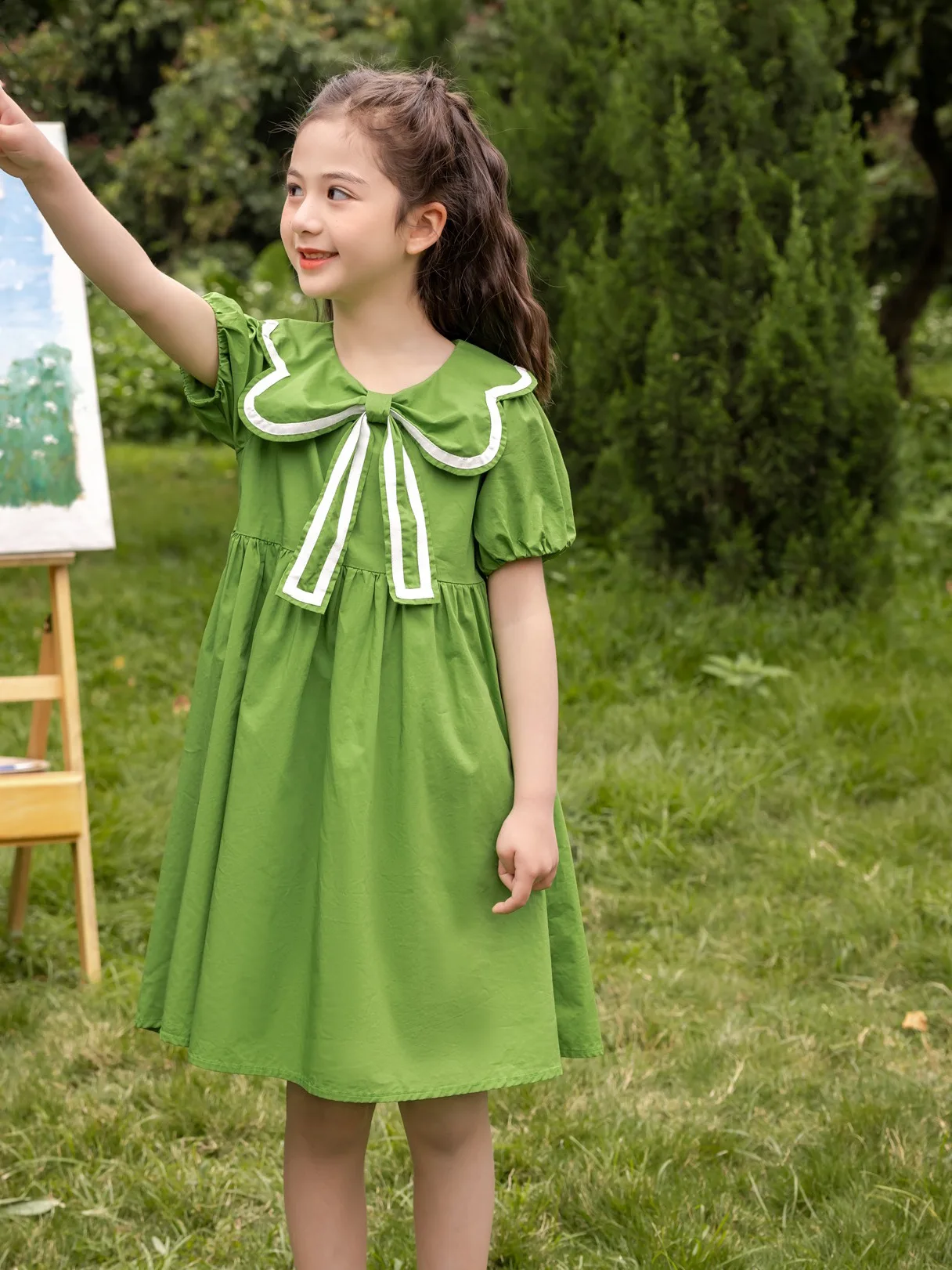 

Платье для маленьких девочек, летнее зеленое милое элегантное платье принцессы с пышными рукавами и цветочным бантом, одежда для дня рождения