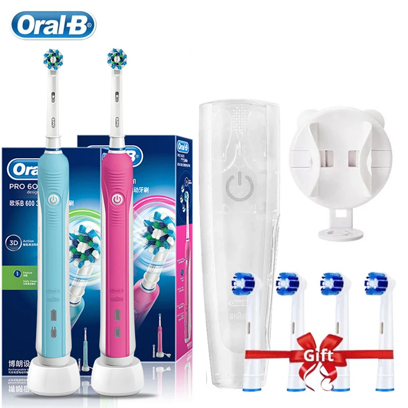 Oral B 3D Electric Toothbrush Pro600 Pressure Sensor Brush Deep Cleaning Inductive Charging Teeth Brush 6 Replacement Heads