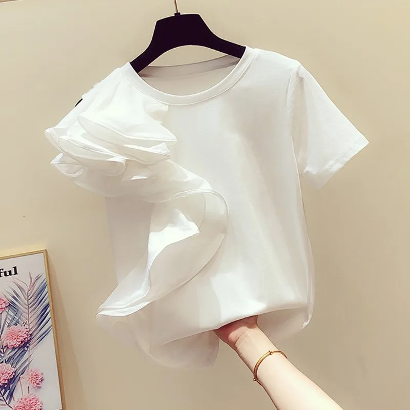 

2022 Summer Fashion Ruffles Women T-shirts O-neck Solid Short-sleeved Solid Female Lady Elegant Pulls Tops Tees Top Quality