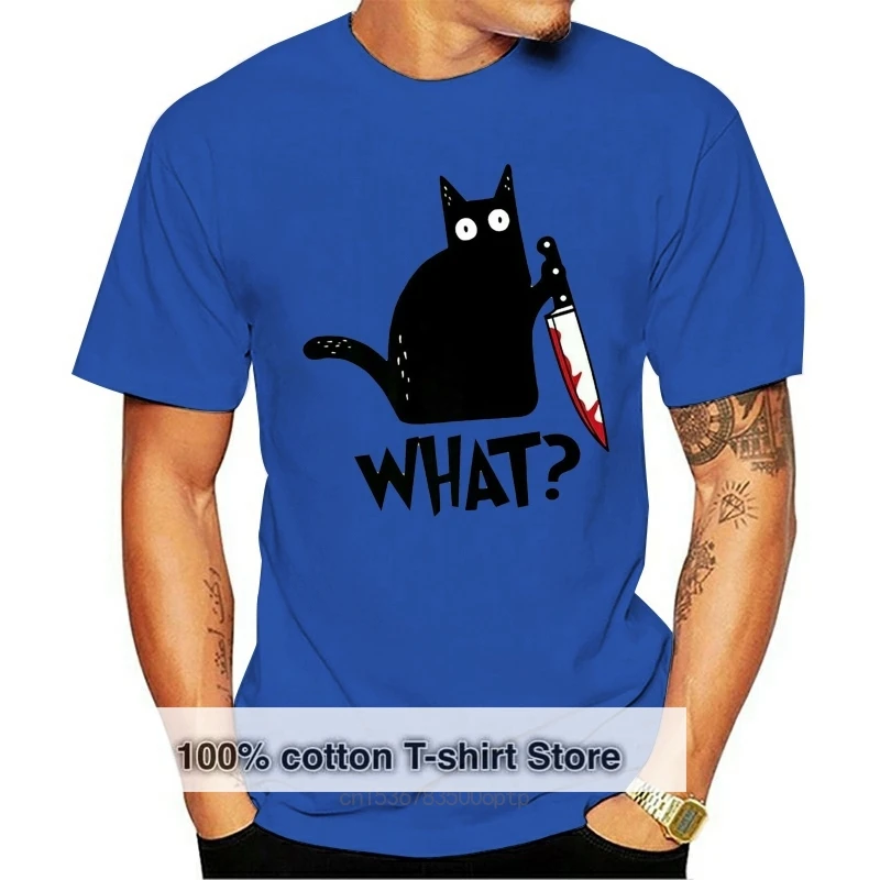 Cat What T Shirt  Cat With Knife Funny Halloween 100% Cotton T Shirt Gift High Quality T-Shirts Halloween Present