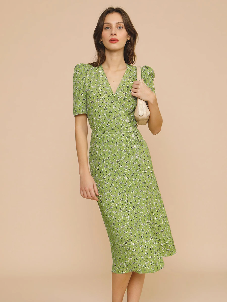 

French Floral Midi Dress Summer Women Short Sleeve V-neck Single-breasted Vestidos Ladies Elegant Vintage Causal Long Dresses