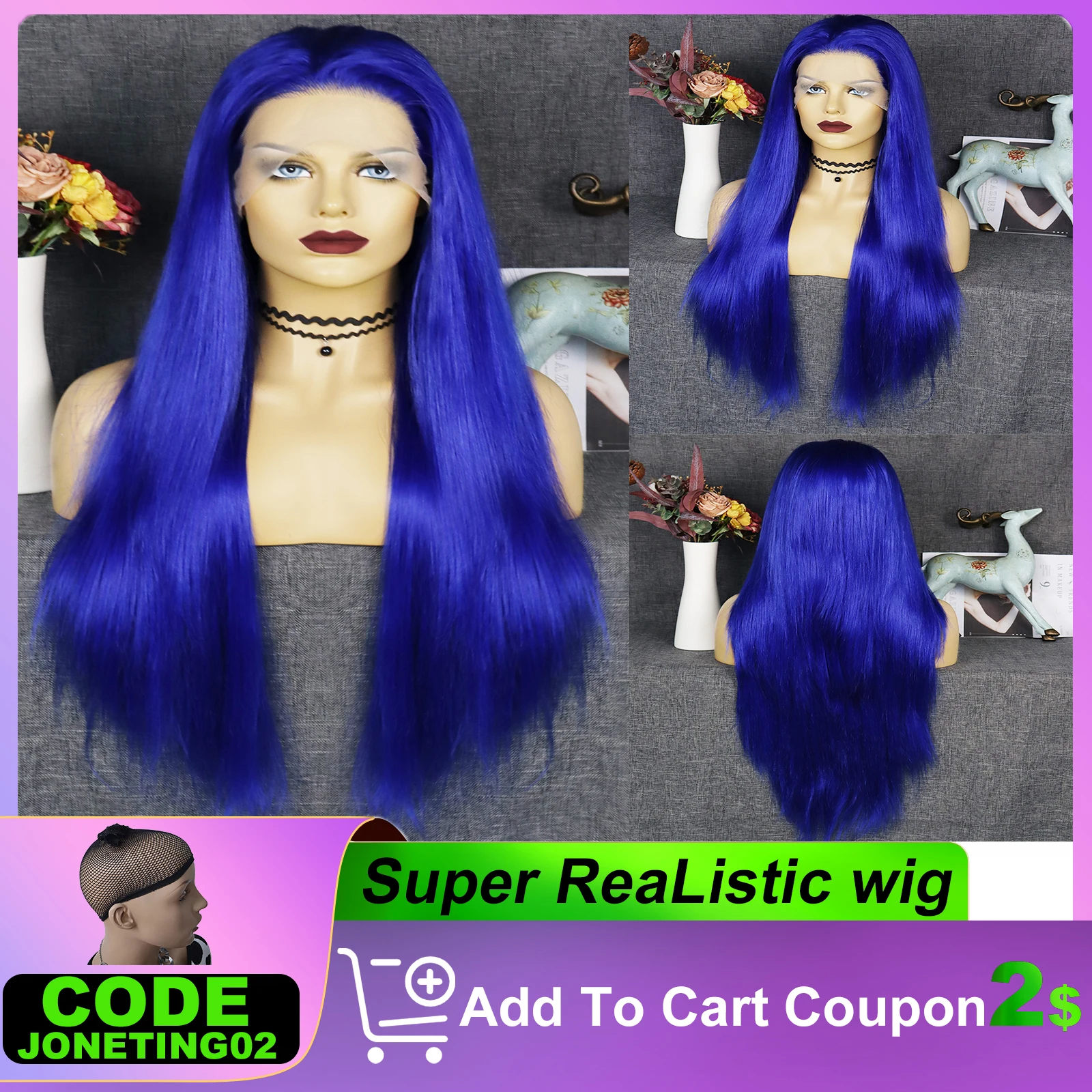 JONETING Synthetic Wigs 30IN 13x3 Lace Front Wig Deep Blue Straight Heat Resistant Fiber Hair for Women Cosplay Halloween Party