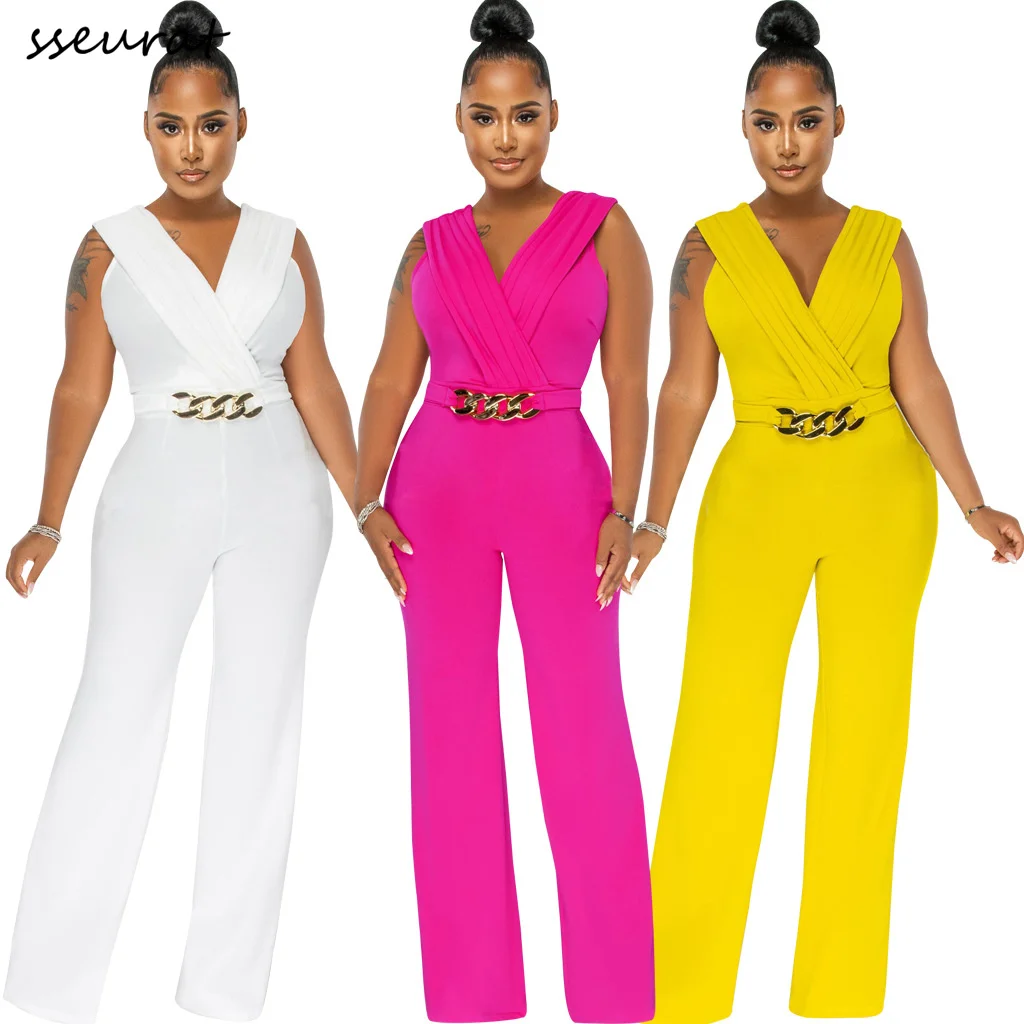 

Summer Women Solid Jumpsuits Elegant Slim Deep V-Neck Wide Leg Loungewear Ladies Sleeveless Simple Streetwear