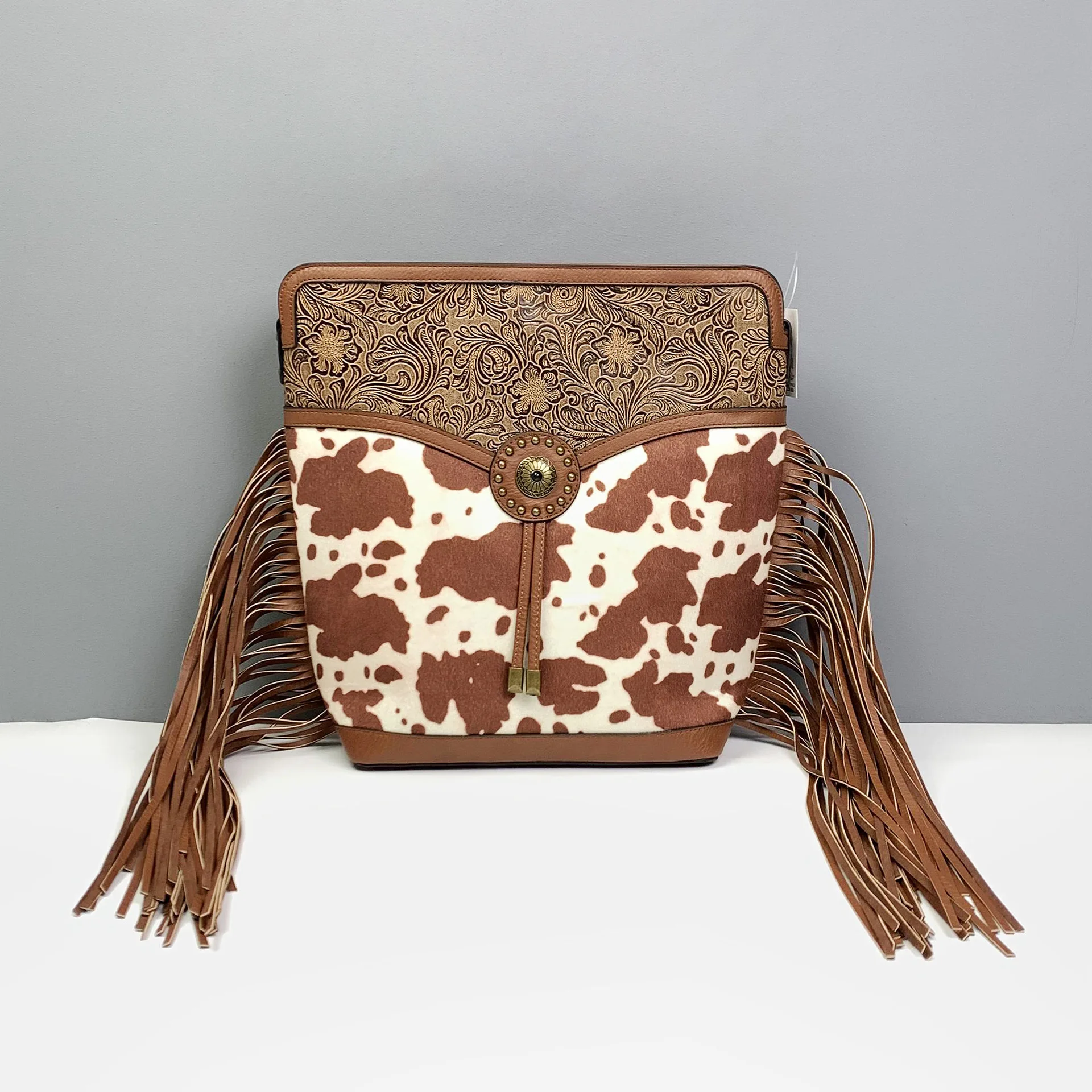 Retro Tassel Leopard Design Shoulder Bag Cow Pattern Versatile  Messenger Large Capacity Carved Decoration Ladies Crossbody Bag