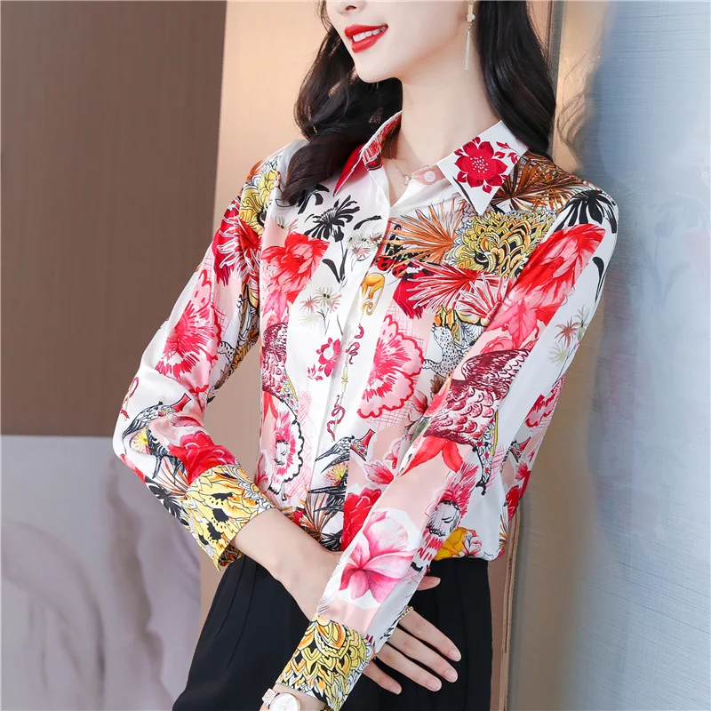 

Satin Loose Women's Shirts New Fashion Blouses Flower Printing Polo Autumn Casual Long Sleeve Top Korean Style Female Clothing