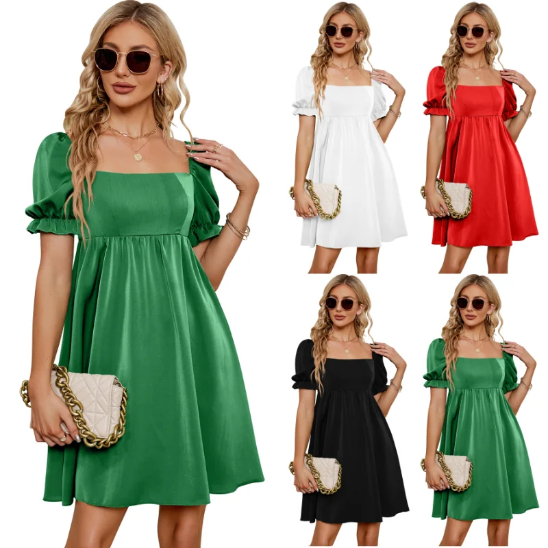 

2023 Pleated Loose fitting Dress New Women's Square Neck Silky Fashion Beach Dresses Clothes for Women Birthday Gifts