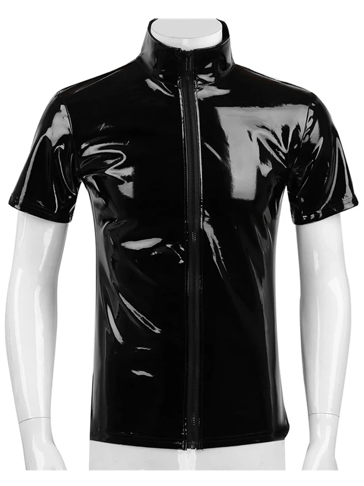 

S-7XL Wet Look PVC Short Sleeve Tshirt Zipper Shiny PU Leather Tee Shirt Homme Hip Hop Top Tights Hot Shapers Muscle Sexy Shirts