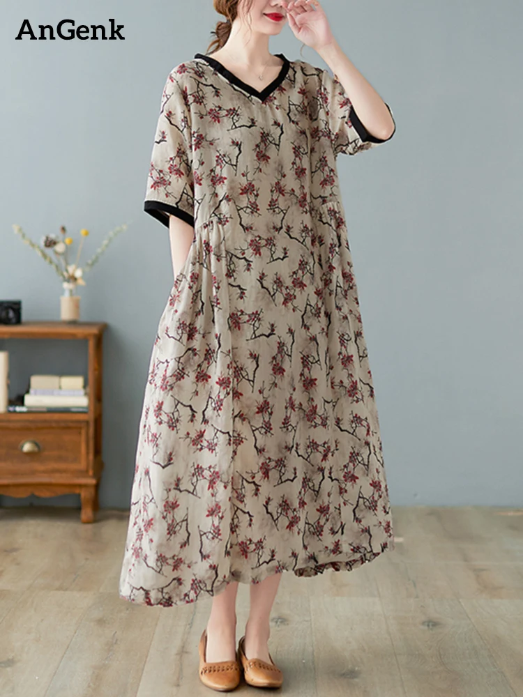 

Cotton Linen Vintage Floral Print Summer Dresses For Women Long Casual Office Vestidos Elegant Dress Fashion Ladies Clothes 2023