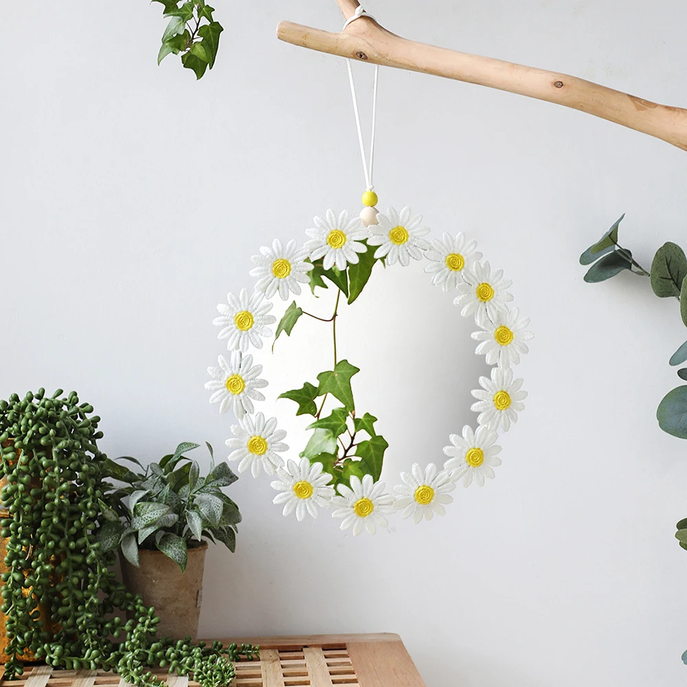 

Cute Daisy Macrame Round Mirror Wall Mirrors Makeup Room Living Room Decor Mirrors for Bedroom Baby Room Nursery Home Decoration