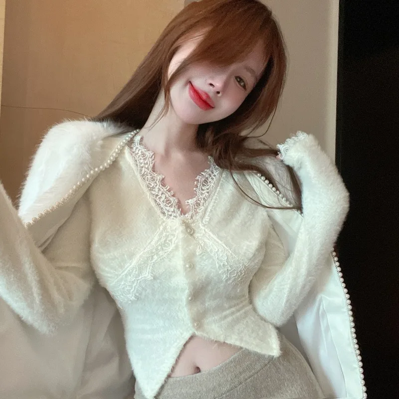 

Зима 2022 для женщин в Корейском стиле ретро теплые мягкие женские кружевные лоскутные топы с длинными рукавами
