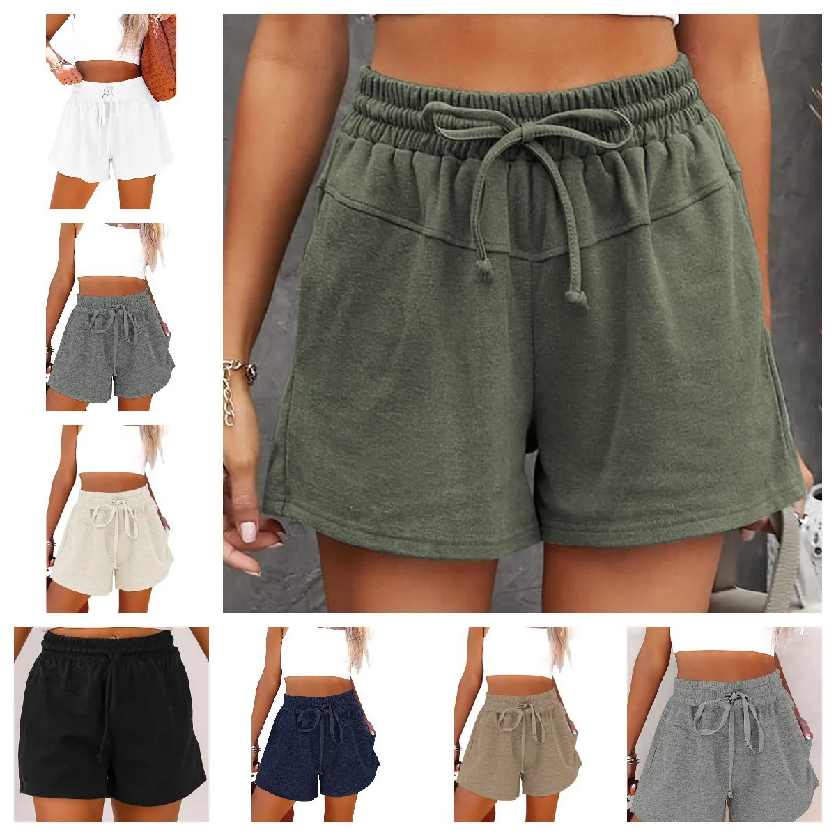 2023 Spring Summer Women's Sports Shorts Lace-up Casual Pocket Solid Shorts