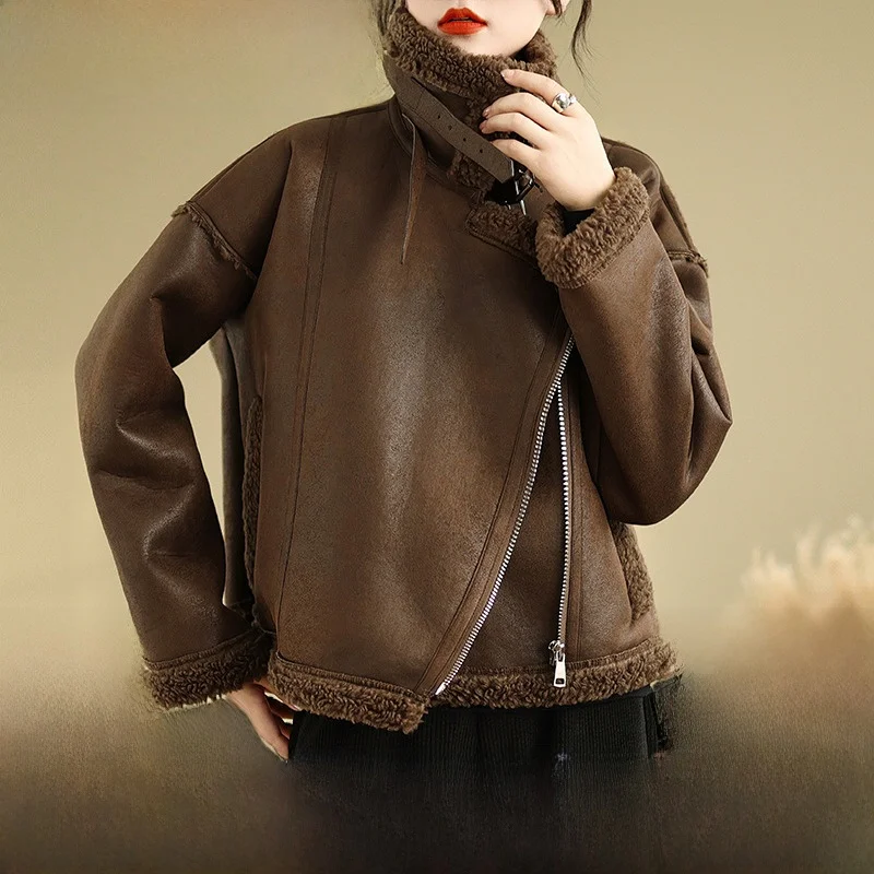 Leak-Picking ~ Design Sense Motorcycle Clothing Fur Integrated Short Berber Fleece Outerwear Women Winter Leather Coat Jacket...