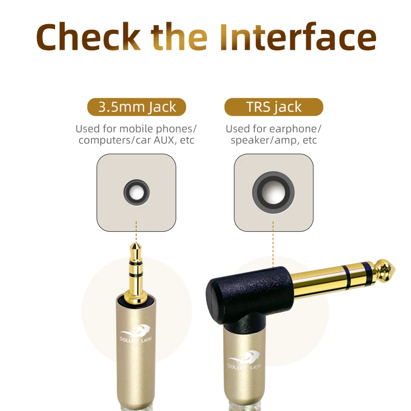 Фото Аудиокабель GOLLEY LION Straight 3.5mm - 6.35mm TRS Stereo с прямым и угловым разъемами, с серебряным покрытием, медный проводник №3