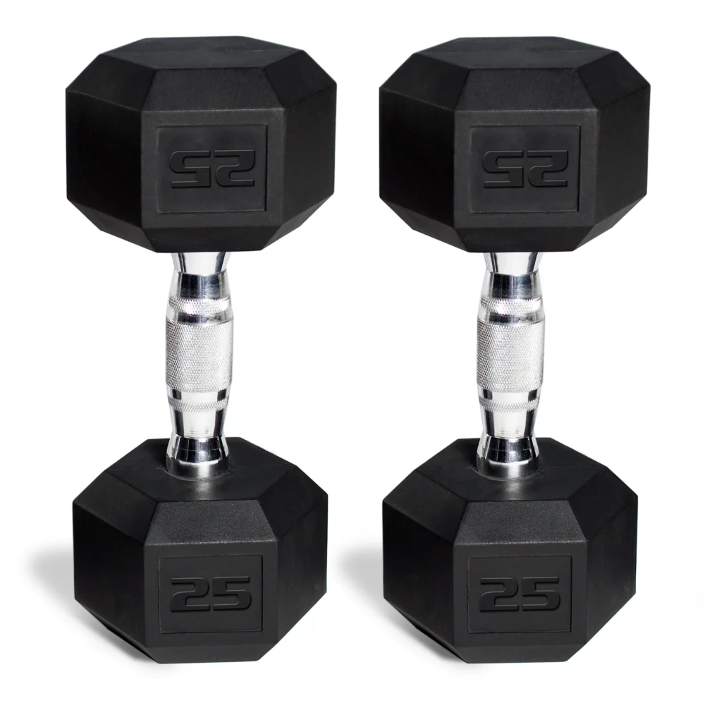 

Barbell, 25,30,35,40,45,50,60lb Coated Rubber Hex Dumbbell, Pair,Hex Shaped heads prevent rolling