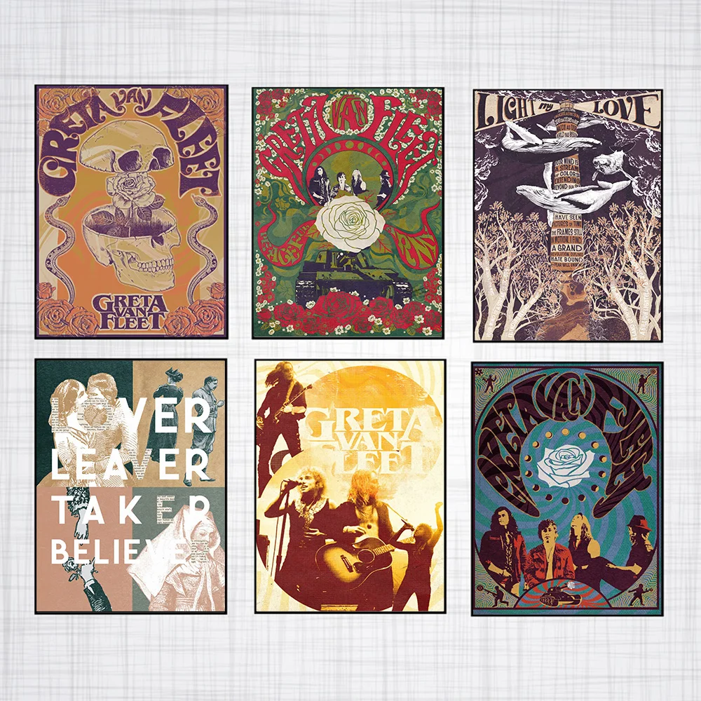 

Greta Van Fleet Rock Music Band Star Cover Poster Retro Concert Skull Rose Psychedelic Canvas Painting Wall Art Home Decor