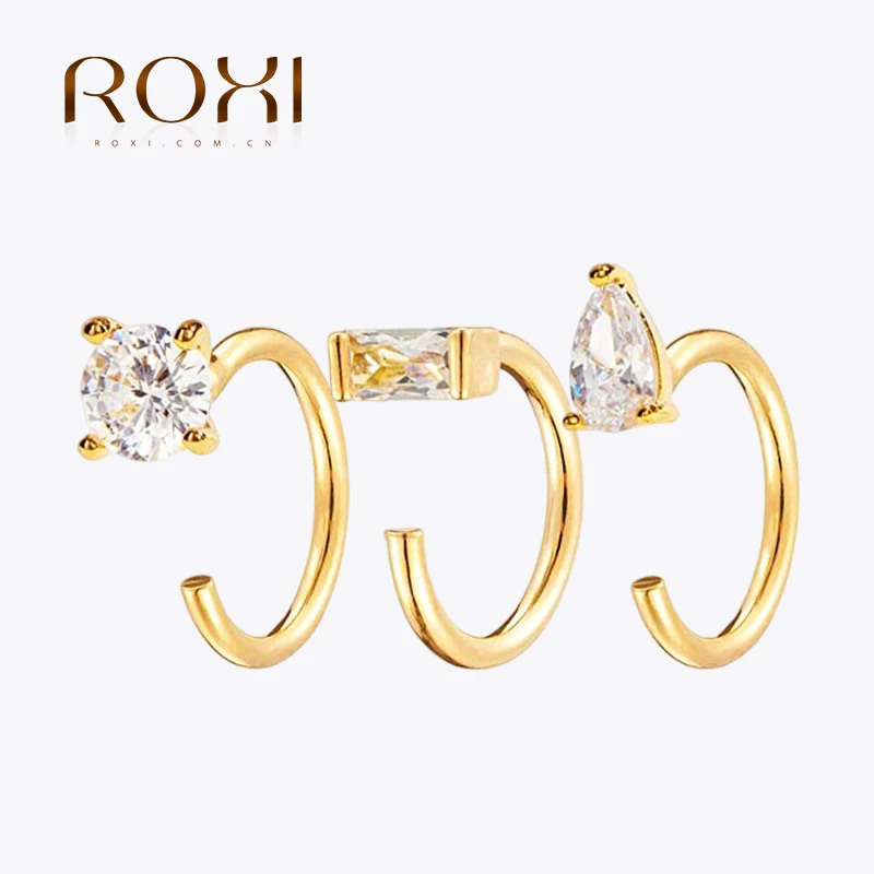 

ROXI S925 Sterling Silver Geometric Zircon Ear Hook 4 Piece Stud Earrings For Women Men Minimalist Ear Piercing Boucle Oreille