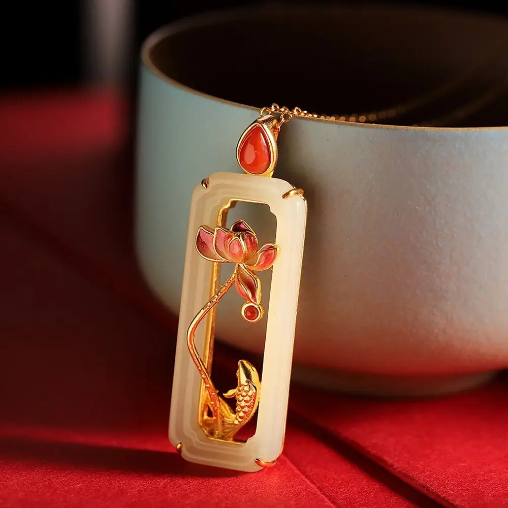 

Pure S925 Sterling Silver Lucky Enamel Fish Lotus Nephrite Jade Pendant 6.6g