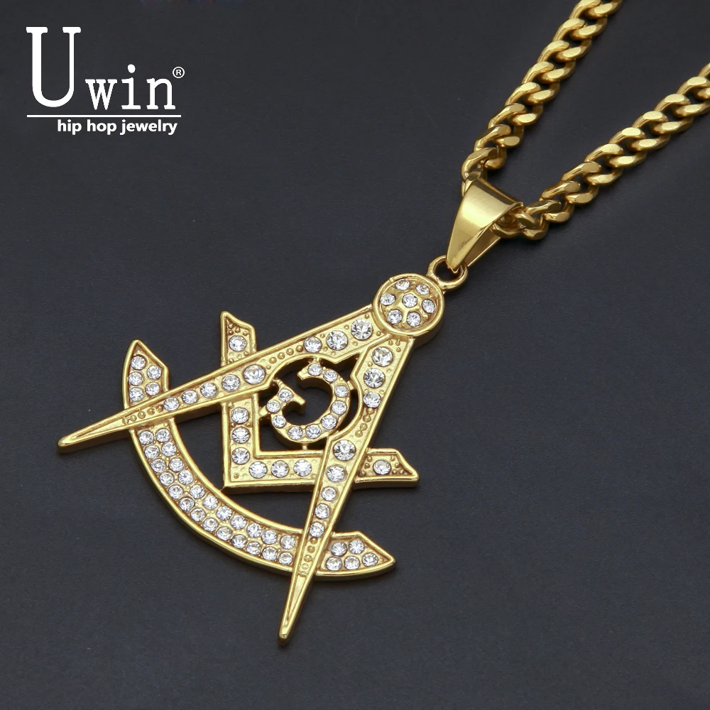 

UWIN Hip Hop Cuban Chain Freemason Masonic Rhinestone Pendant Mens Stainless Steel Jewelry Golden Punk Rock Pendant Necklace
