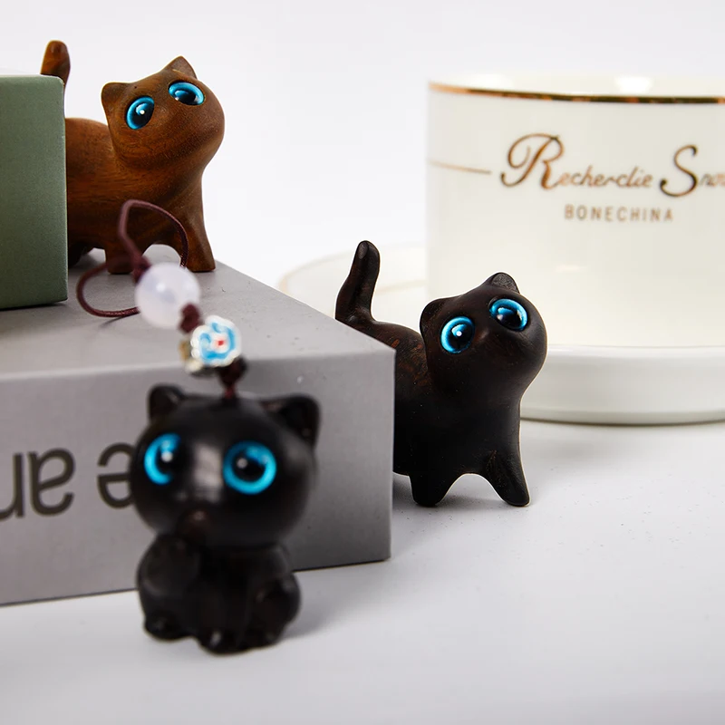 

Kawaii Cat Figurines Handmade Sandalwood Carving Kitty Sculpture Desk Room Decor Living Room Decoration Home Accessories