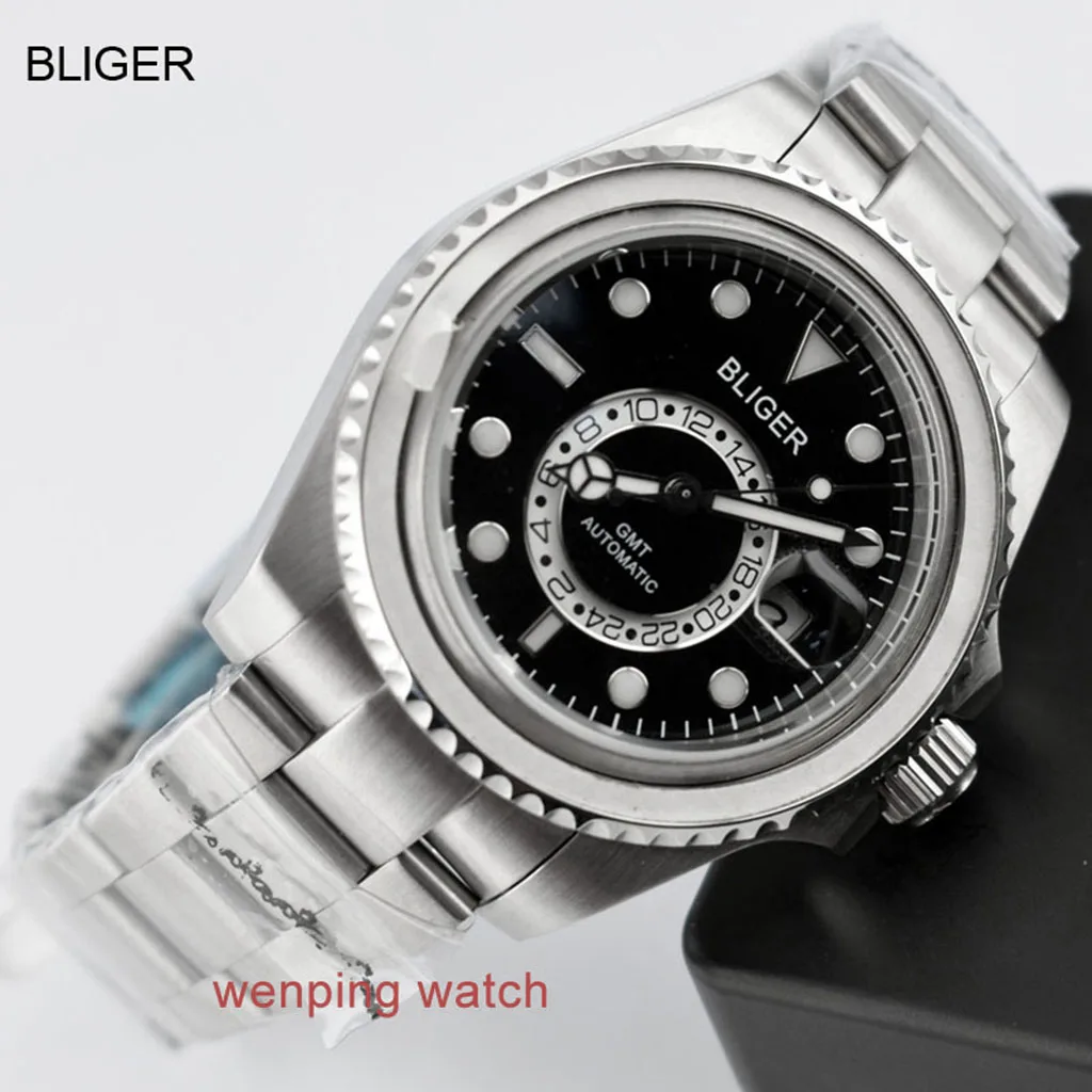 1 шт. E2417 BLIGER 43 мм керамический черный стальной ремешок GMT функциональные часы