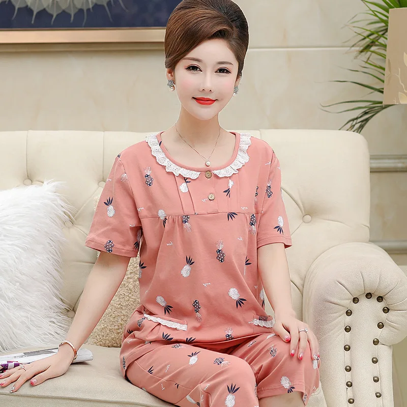 Women's Pajamas Sets Cotton Pyjamas Floral Pijamas Loungewear Short Sleeve and Pants Suit Sleepwear Nightwear Women Homewear