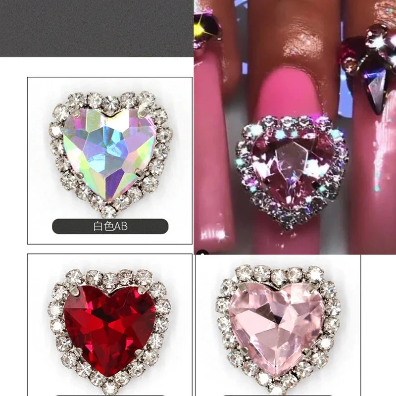 

5pcs 2 Size Love Nail Art Jewelry Charms Glitter Alloy AB Crystal Rhinestones For Nails Heart Design 3D Luxury Diamond Supplies