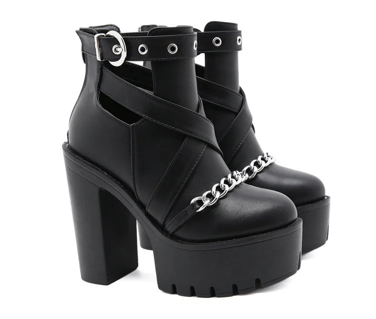 New sexy High heels Fashion Ankle Boots For Women High Heels Casual Cut-outs Buckle Round Toe Chain Thick Heels Platform Shoes