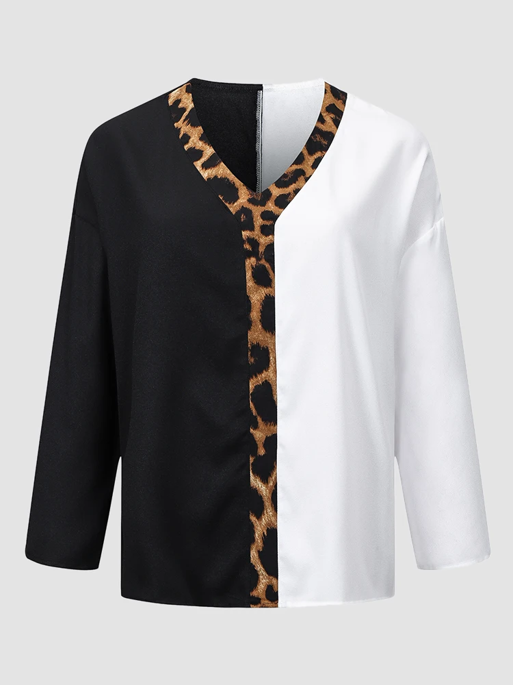 

Finjani Plus Size Women Chiffon Long Sleeve Shirt 2022 Spring Fashion V-Neck Print Elegant Ladies Colorblock Blouse Tops