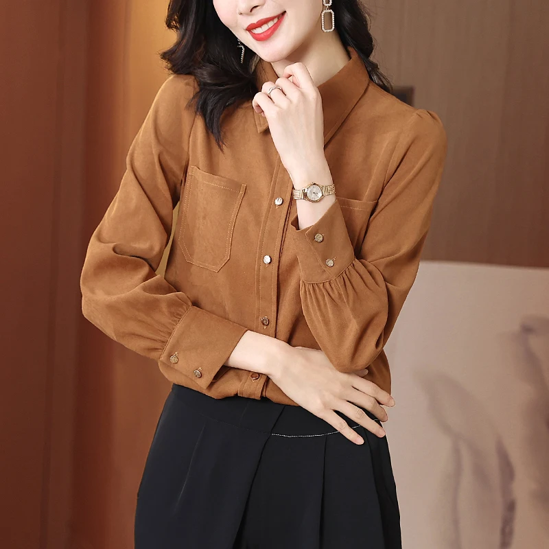

COIGARSAM Shirt Womens Tops Spring 2022 New Fashion Long Sleeve Turn-down Collar Caramel Color Women Shirts Dropshipping