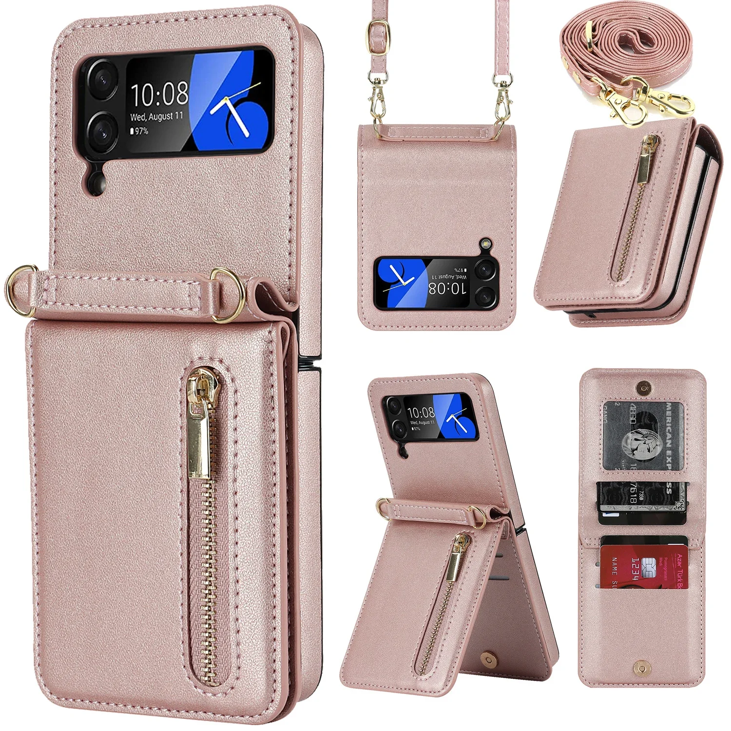 Кошелек на молнии кошелек чехол-книжка через плечо для Samsung Z Flip 5 4 Flip3 ремешок шею