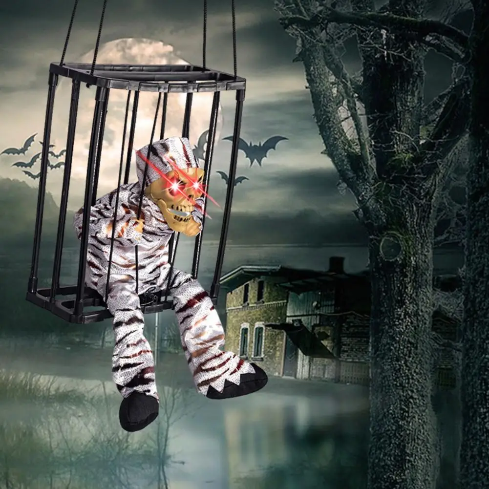 

Cage with Screaming Head Decoration Spooky Halloween Decorations Hanging Skull Prisoner with Sensor for Indoor/outdoor for Kids
