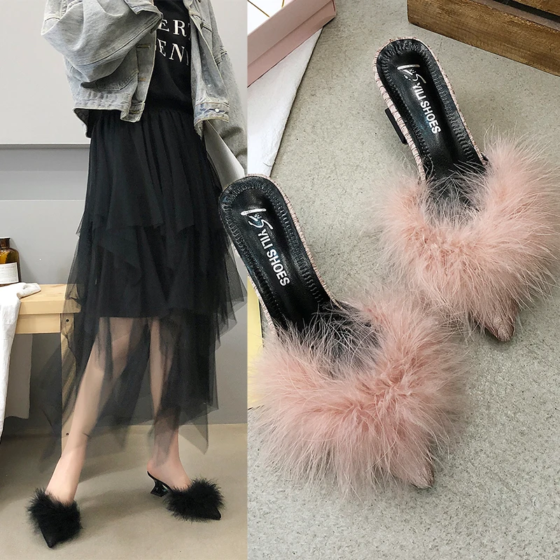

2020 new women's set toe-shaped non-slip high heels fashion rubber bottom elastic cloth summer shallow fur shoes
