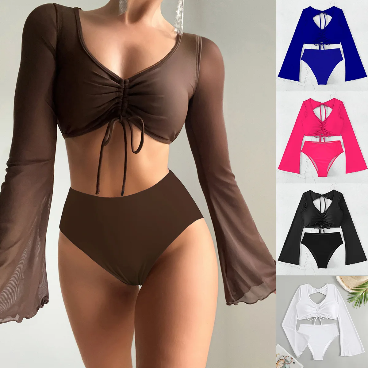 

Women Women Sexy Long Sleeve Blouse Split Swimwear Bathing Suit Bikini Set Beach Sportswear Three-Piece Set