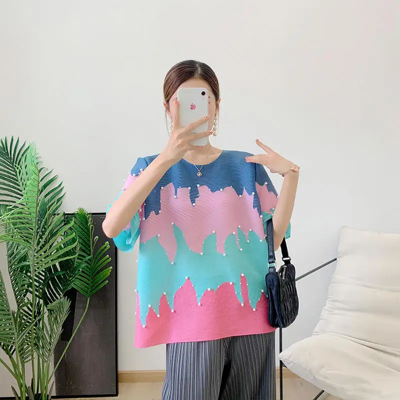 

Женская плиссированная футболка большого размера с коротким рукавом и принтом, новинка 2022