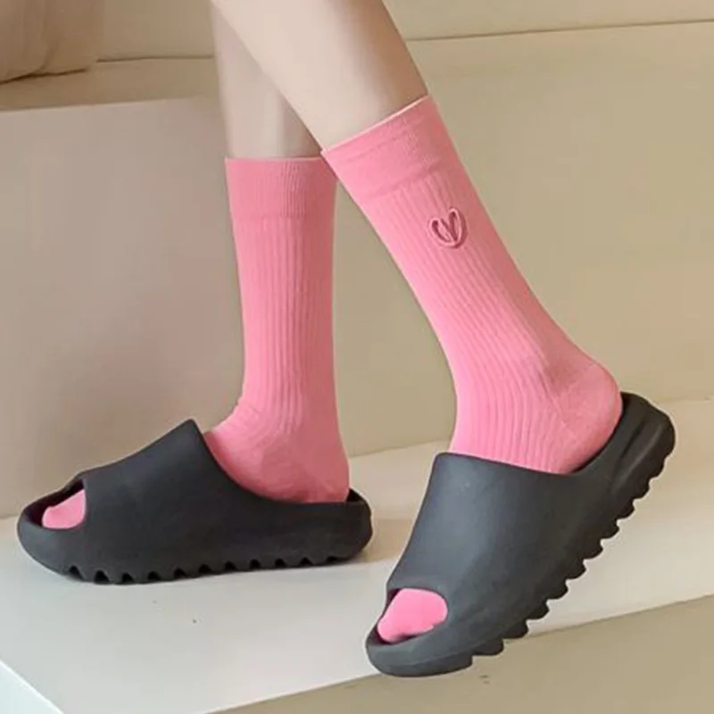 5 Pairs Korean Style Women Socks Fashion Cotton Socks Winter Embroidered Candy Color Cycling Long Socks Woman Femme Chaussettes