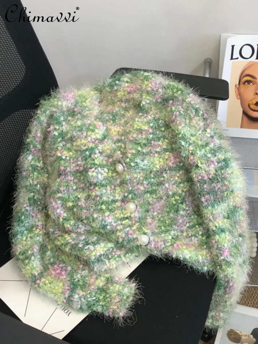 

2022 Autumn New Korean Style V-neck Short Rainbow Candy Sweater Female Fashionable Loose All-Match Knitted Cardigan Top Women