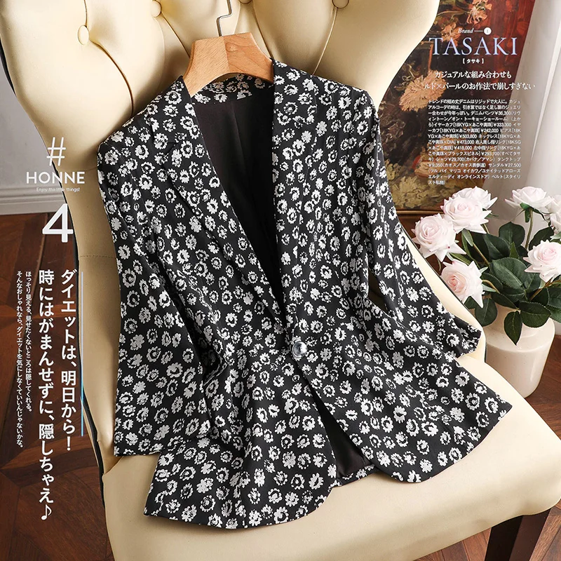 Slim Blazer Women 2023 Summer New 92%  Natual Silk Print Three Quarter Sleeve Blazer Femenino  Single Button  Jacket