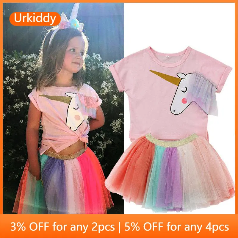

Летние комплекты одежды для девочек, футболка с мультяшным единорогом и разноцветная юбка радуги, 2 шт., детская одежда, детские костюмы
