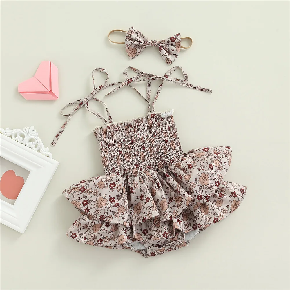 

Baby Girls Floral Romper Dress Shirred Ruffle Bodysuit with Headband 0-18M Newborn Infant Toddler Summer Casual Playsuits Outfit