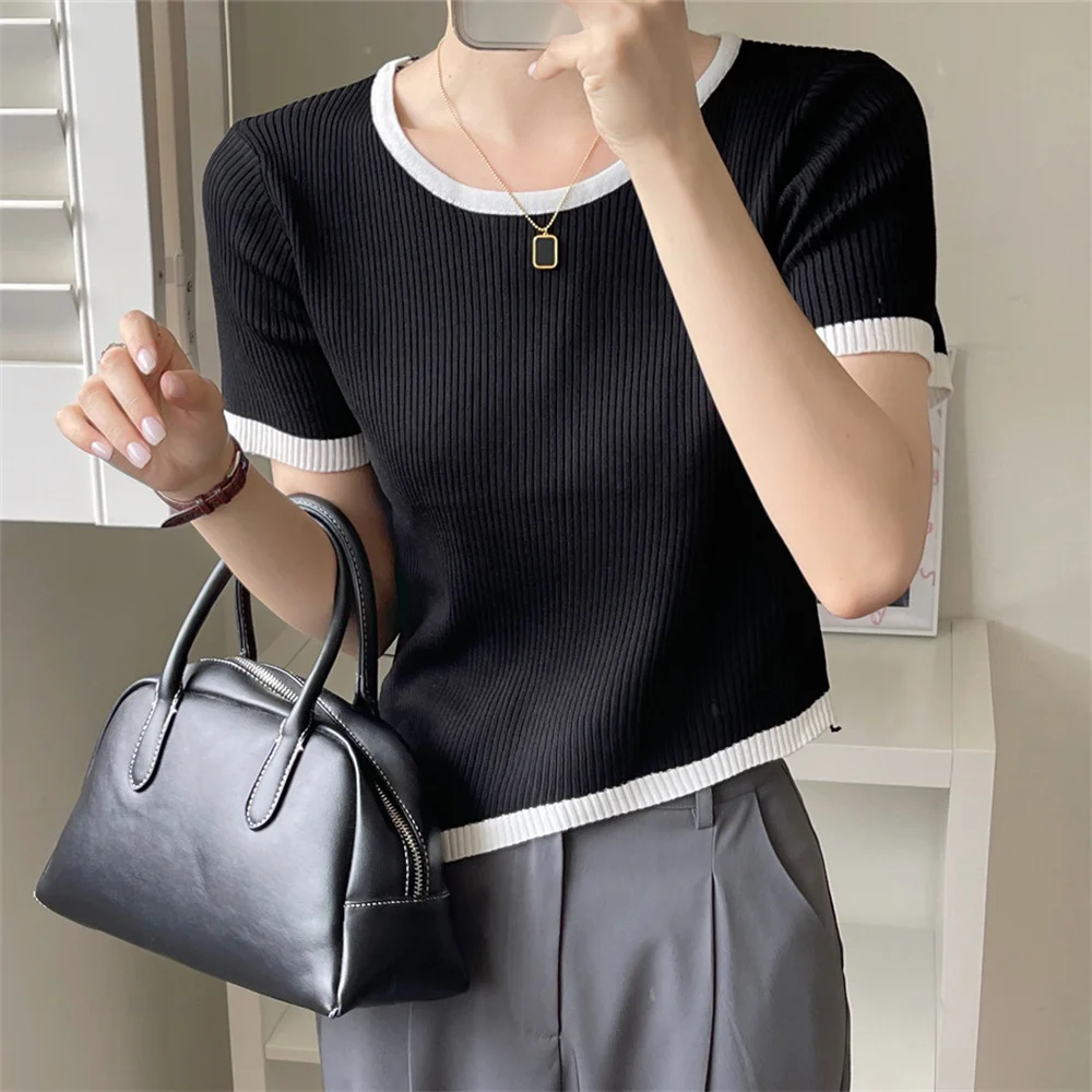 

PLAMTEE Women Patchwork Slim Knitted Tees Sweaters Casual Summer Thin 2022 Hot Office Lady High Street New All Match T-Shirts