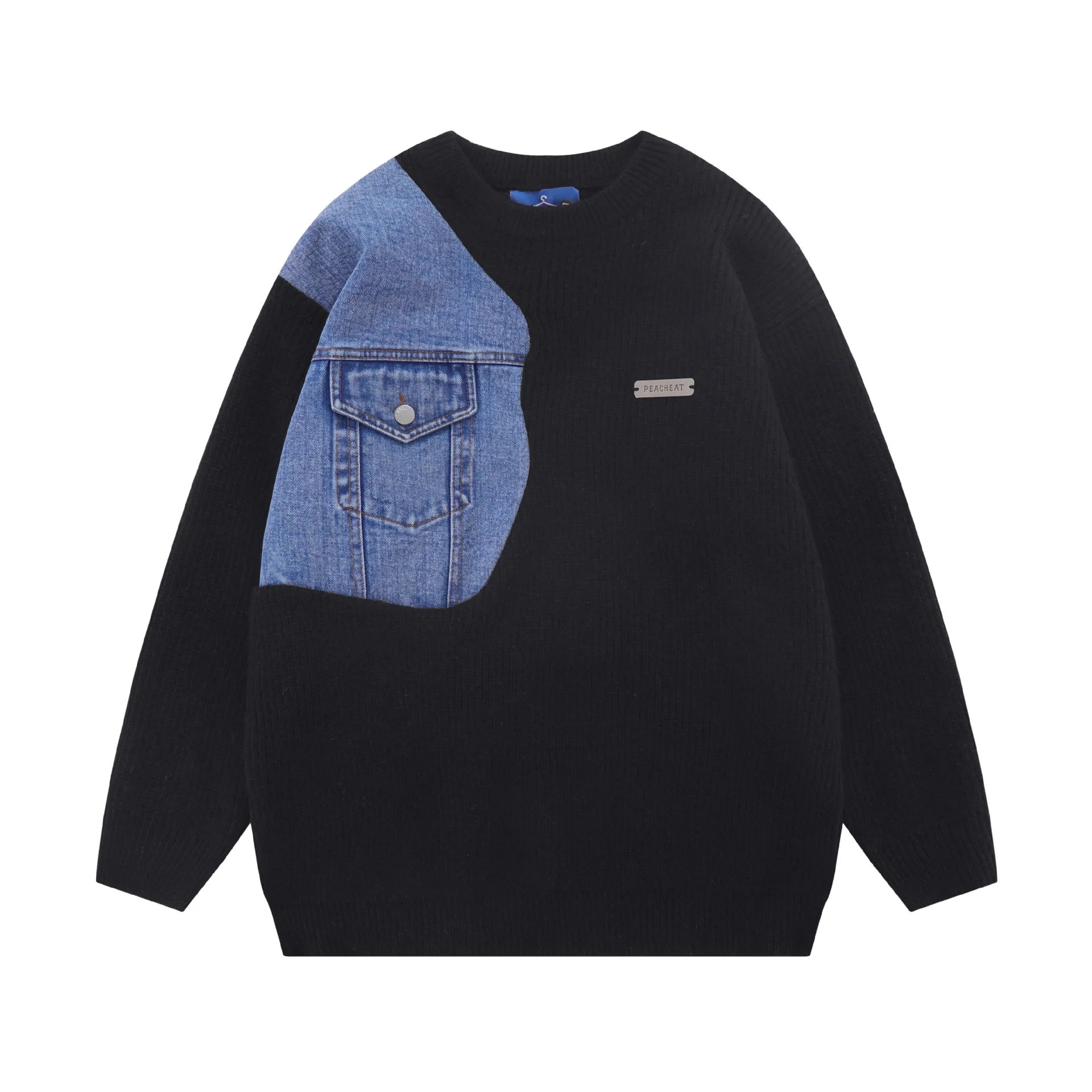 

Denim Spliced knitted Sweater Men's Contrast Color Denim Pullover Streetwear Loose Round Neck Sweater Men